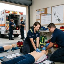 An emergency medical technician beside an ambulance