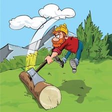 A woodcutter using an axe to chop a log.