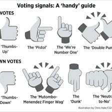 A hand making a thumbs-down gesture