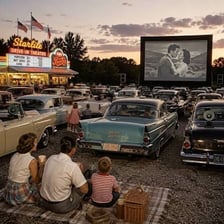 A vintage drive-in concession stand displays popcorn, candy, and hot dogs.