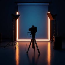 A film set equipped with a camera and production lights.