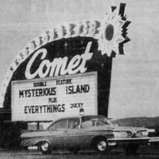 A vintage drive-in theater marquee advertising two films