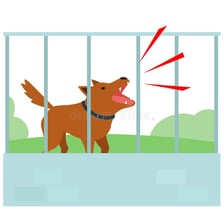 An illustration of a dog barking from behind a fence