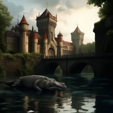 A cartoon castle surrounded by a crocodile-filled moat