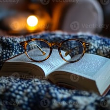 A pair of reading glasses resting on an open book