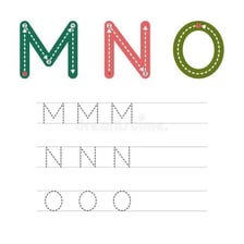 An educational display showing the sequence of letter names M, N, and O.