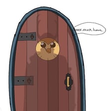 An owl near a doorway evoking a knock-knock joke
