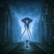 A science-fiction illustration depicting extraterrestrial visitors arriving in a spacecraft.