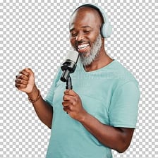 A person singing karaoke into a microphone