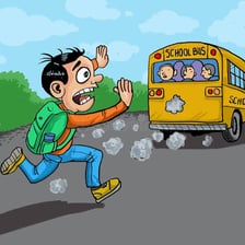 A child running toward a school bus