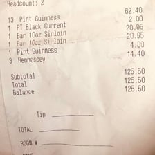 A bar tab showing charges for drinks.