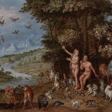A classical artistic depiction of Adam and Eve in the Garden of Eden.