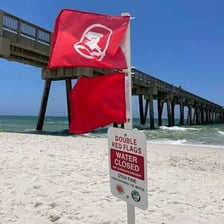 A red warning flag flying on a beach
