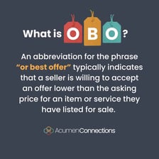 A for-sale advertisement marked “OBO” or “or best offer.”