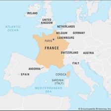 A map showing France within the continent of Europe.