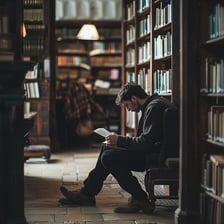 A person reading a book among library shelves