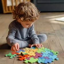 A child smiling while completing a simple puzzle