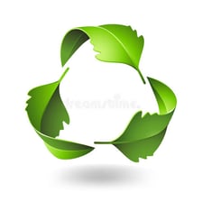 A green environmental symbol with leaves and recycling imagery.