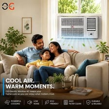 A window-mounted air conditioner operating in a room