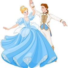Cinderella dancing at a grand royal ball.