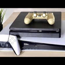 A PlayStation 5 console shown with a PlayStation 4 console.