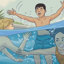 Children playing a game in a swimming pool.