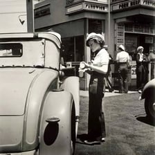 A carhop delivers a tray of food to a customer in a parked car.