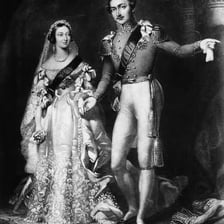 A white Victorian-style wedding dress