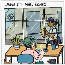 Illustration of a person working intensely at a desk beside a dog.