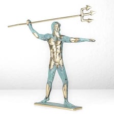 Classical artwork depicting Poseidon with a trident at sea.