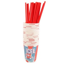 A brightly colored ICEE frozen drink in its branded cup.