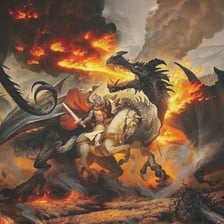 A knight confronting and defeating a dragon.