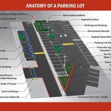 A paved parking lot with marked parking spaces