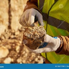 A miner holding a rock sample containing visible ore