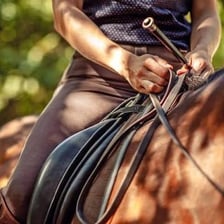 Equestrian holding leather reins while riding a horse