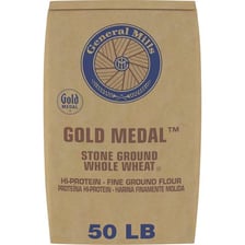 A flour bag marked with a weight in pounds.