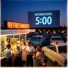 A vintage-style advertisement for a drive-in theater concession stand