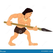 An illustration of a prehistoric hunter holding a pointed spear.