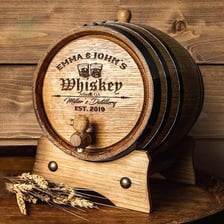 A wooden oak barrel used to age whiskey.