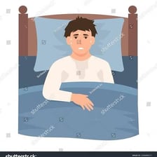 A sick person resting in bed with tissues and a thermometer.