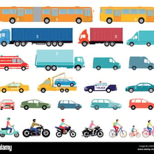 A group of motor vehicles, including cars and trucks.