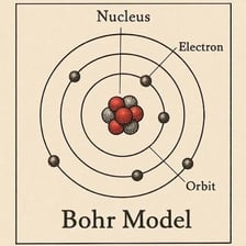 An educational atom illustration with a central nucleus surrounded by electrons.