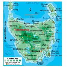 Map showing Tasmania south of mainland Australia with a Tasmanian landscape