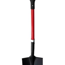 A garden spade with a pointed metal blade and long handle