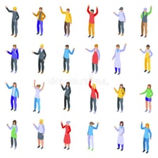 A person communicating with gestures by pointing and waving.