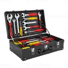 An open toolbox containing a hammer and other hand tools.