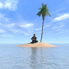A person stranded alone on a small desert island.