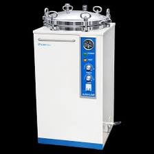 A laboratory autoclave used to sterilize equipment with pressurized steam.