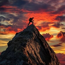 A climber standing at the highest point of a mountain summit.