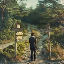 A person standing at a fork in a hiking trail and choosing a direction